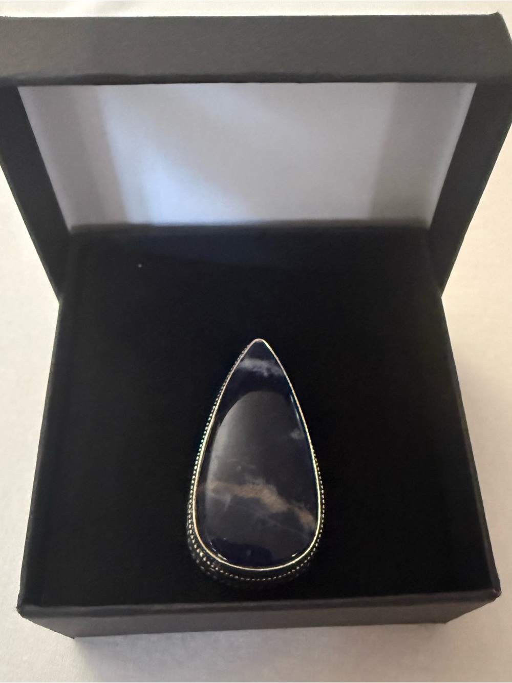 Like New (Worn Once) Handmade Teardrop Navy Stone Ring with Silver Setting Sz 8